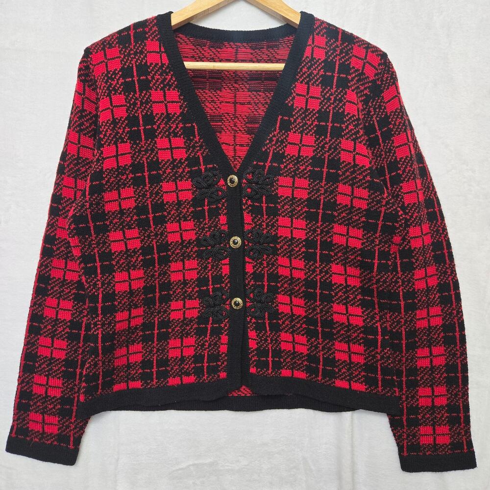 Womens Vtg 90s Preppy Old Money Classic Red Wool Blend Plaid Cardigan Sweater L